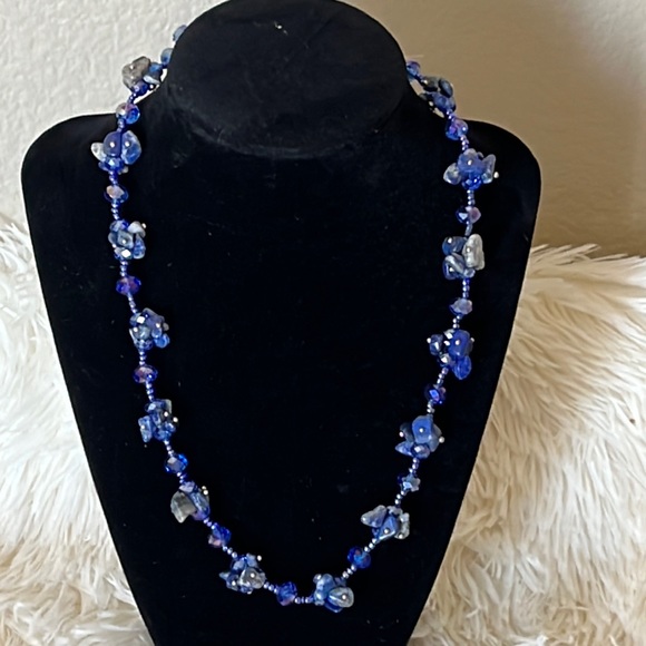 Jewelry - Sparkly Blue glass Beaded with  Lapis crystal mix with earrings